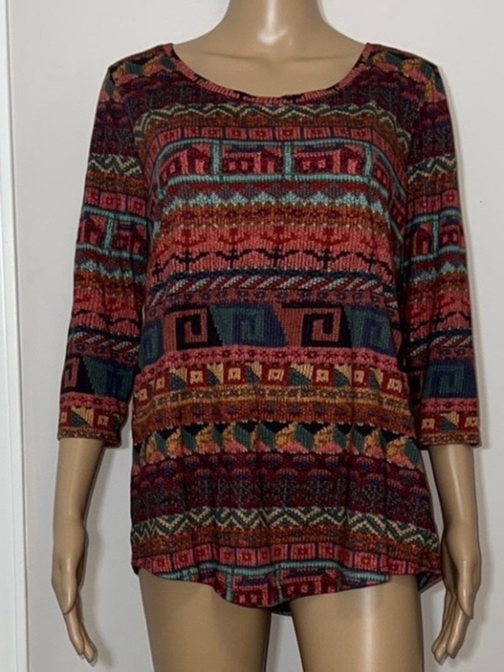Peruvian Connection Multicolor Ethnic Print Long Sleeve Tee